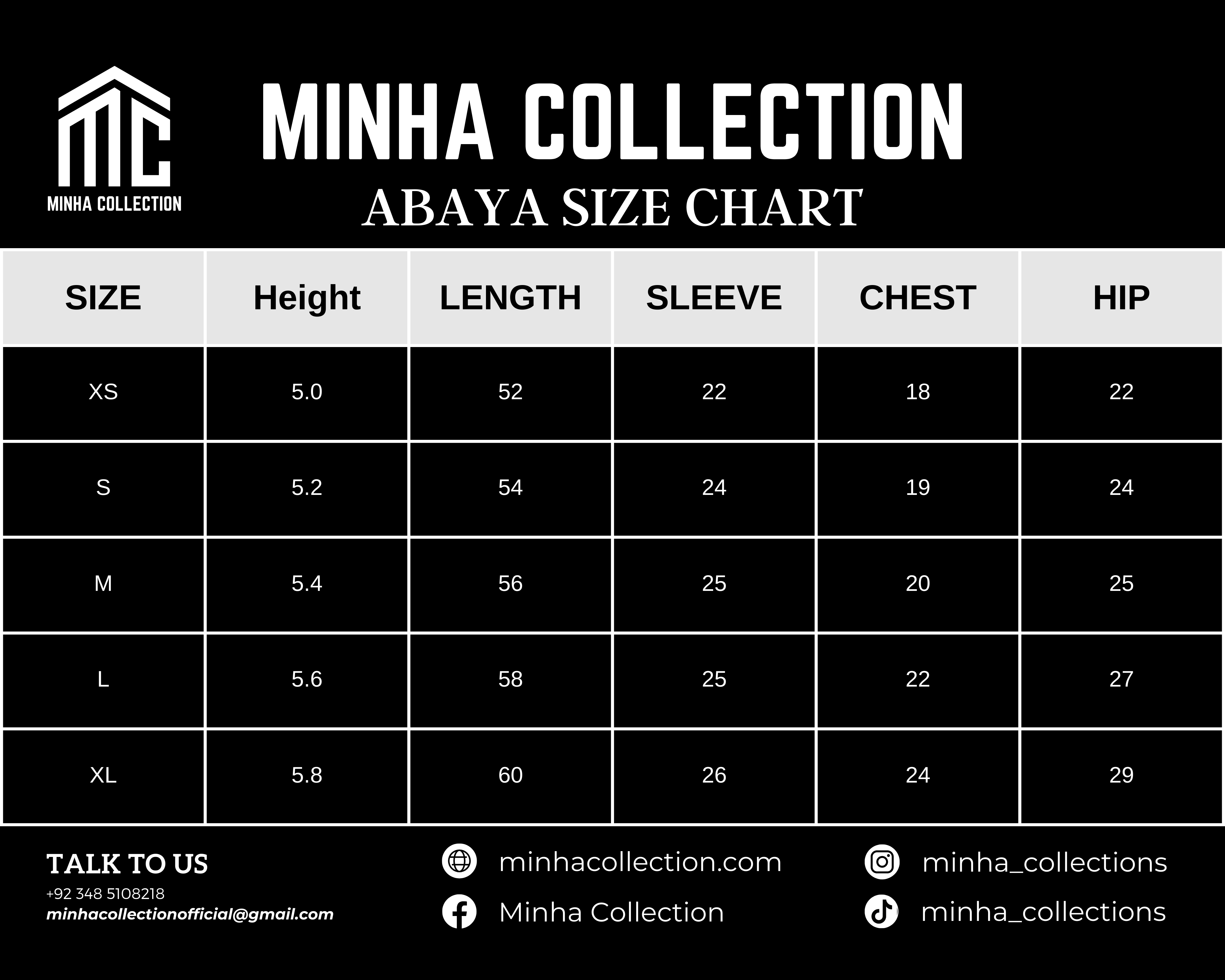 abaya chart size minha collection