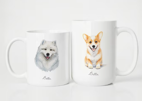 Custom Mug Pet Portrait Aquarell Illustration Dog Portrait on white Mug Gift for Dog Lover Corgi
