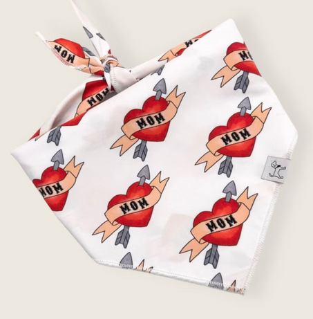 Dog Bandana with Tattoo Style Heart for Dogmom loving Dog in white and red that's perfect for a dog photoshoot