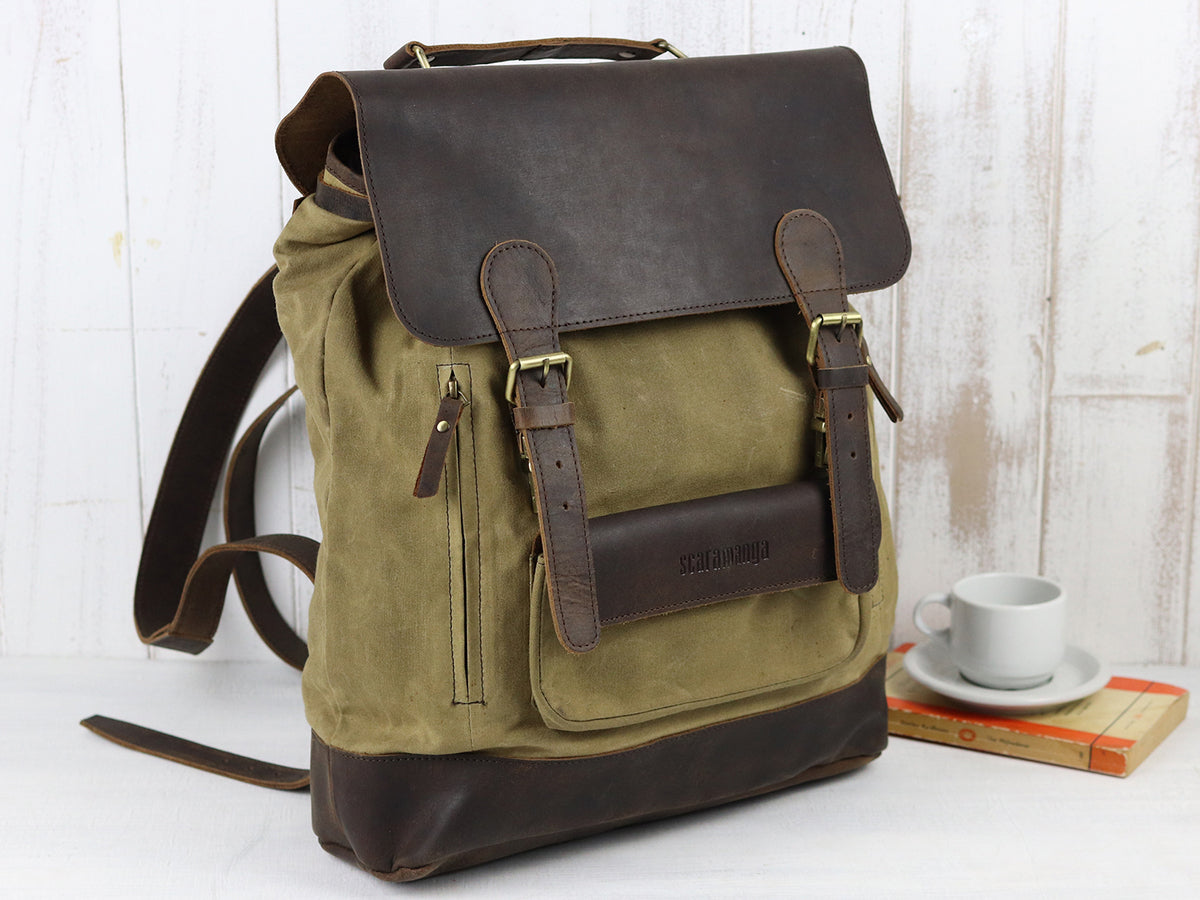 Scaramanga Mens Vintage Leather & Canvas Large Backpack Style 14025 - Baked Apple WM Ltd
