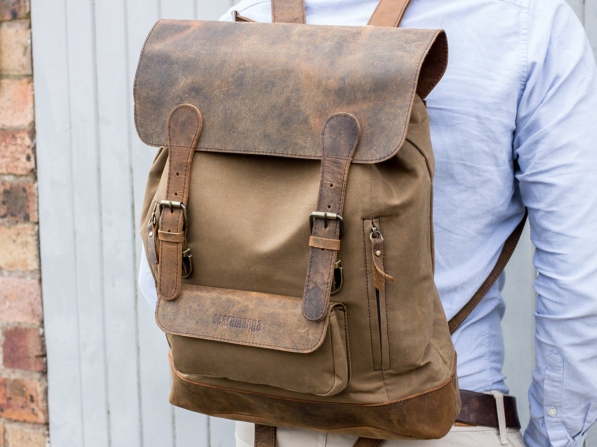 Scaramanga Mens Vintage Leather & Canvas Large Backpack Style 14025 - Baked Apple WM Ltd