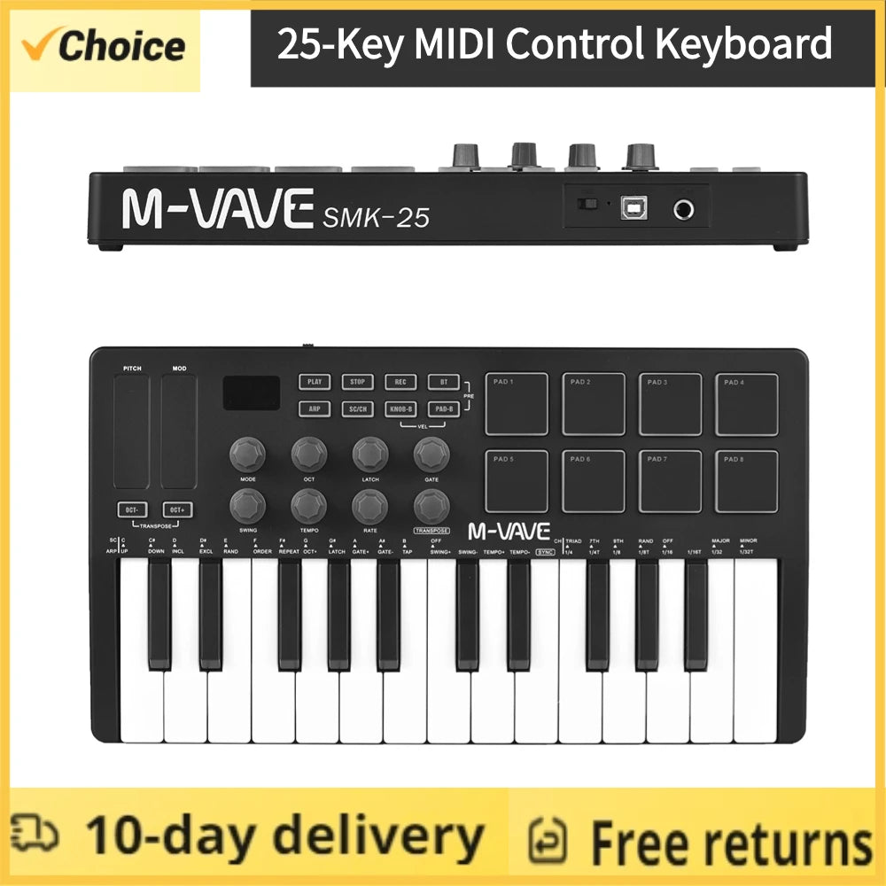 M-VAVE 25 Key MIDI Control Keyboard – Portable USB, Velocity-Sensitive Keys, 8 RGB Pads, 8 Knobs