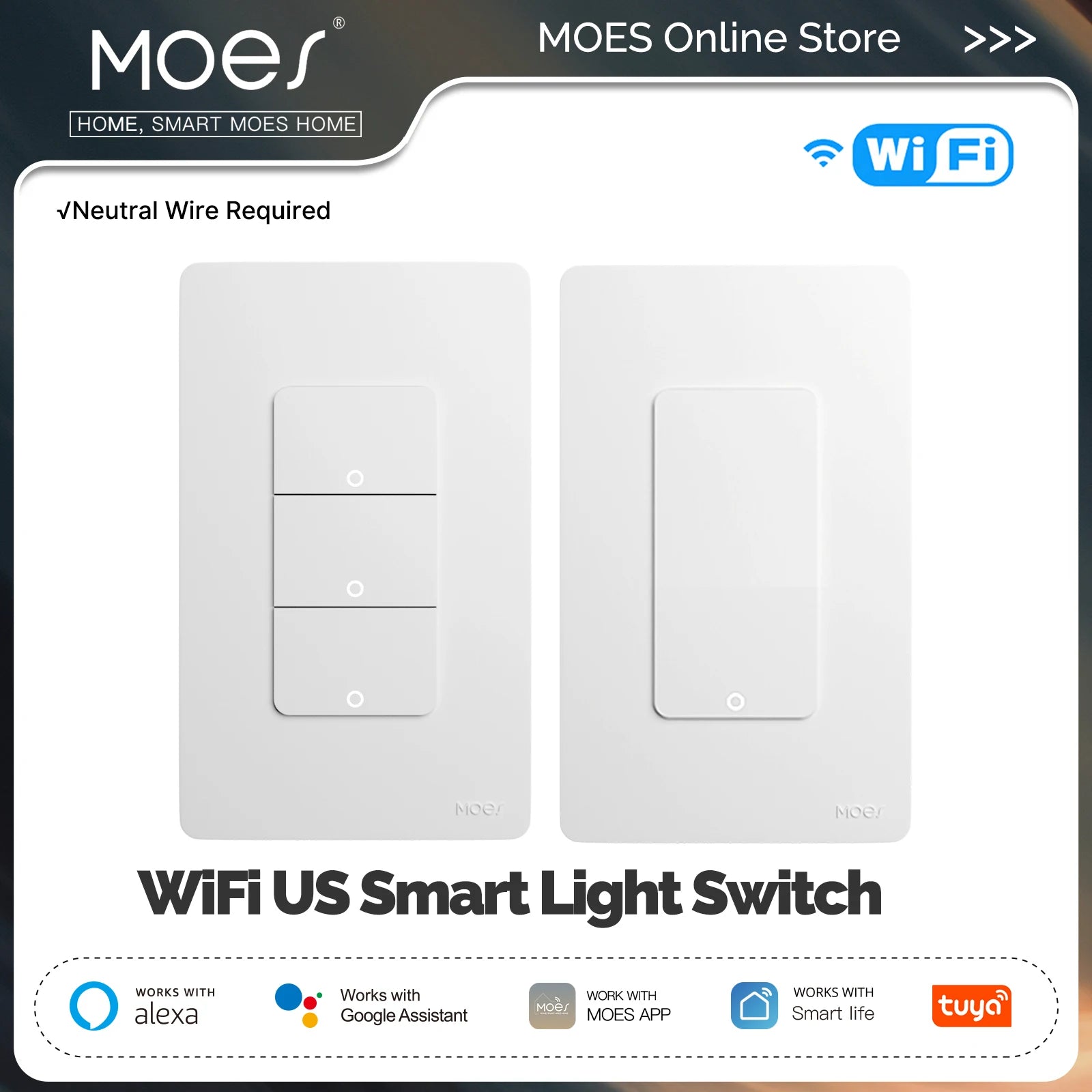 MOES Tuya Wi-Fi Smart Light Switch – US Single Pole Push Button Wall Switch, Alexa & Google Home Compatible, Neutral Wire Required