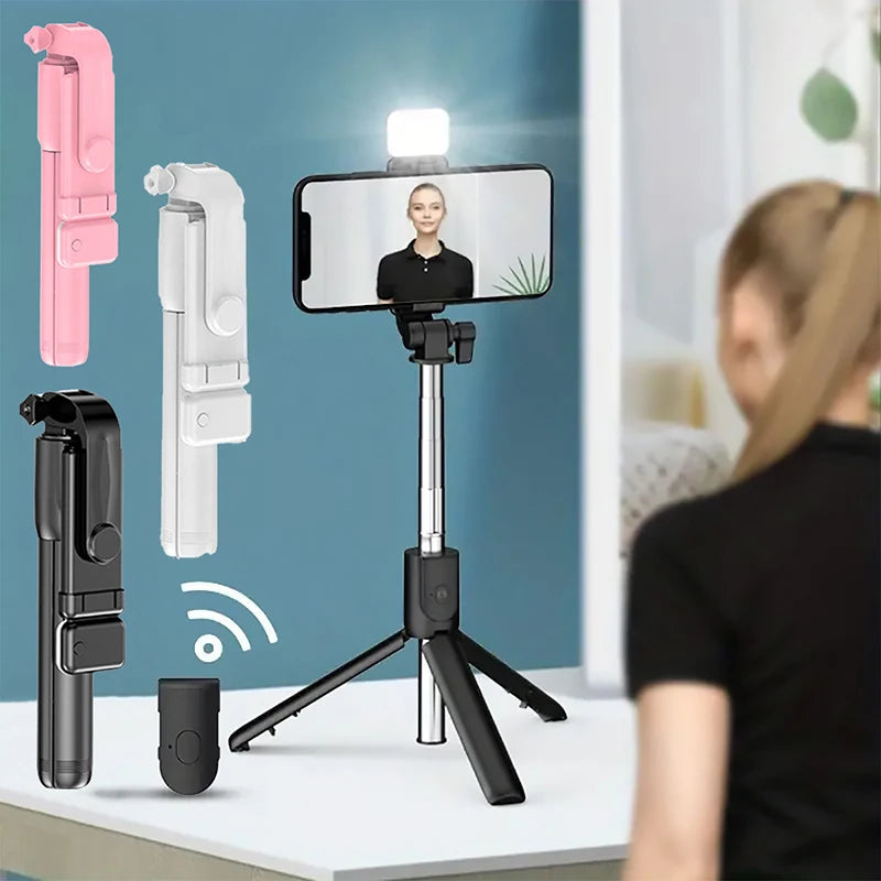 Portable Bluetooth Selfie Stick Tripod with Remote Shutter & Fill Light – Extendable Wireless Phone Stand