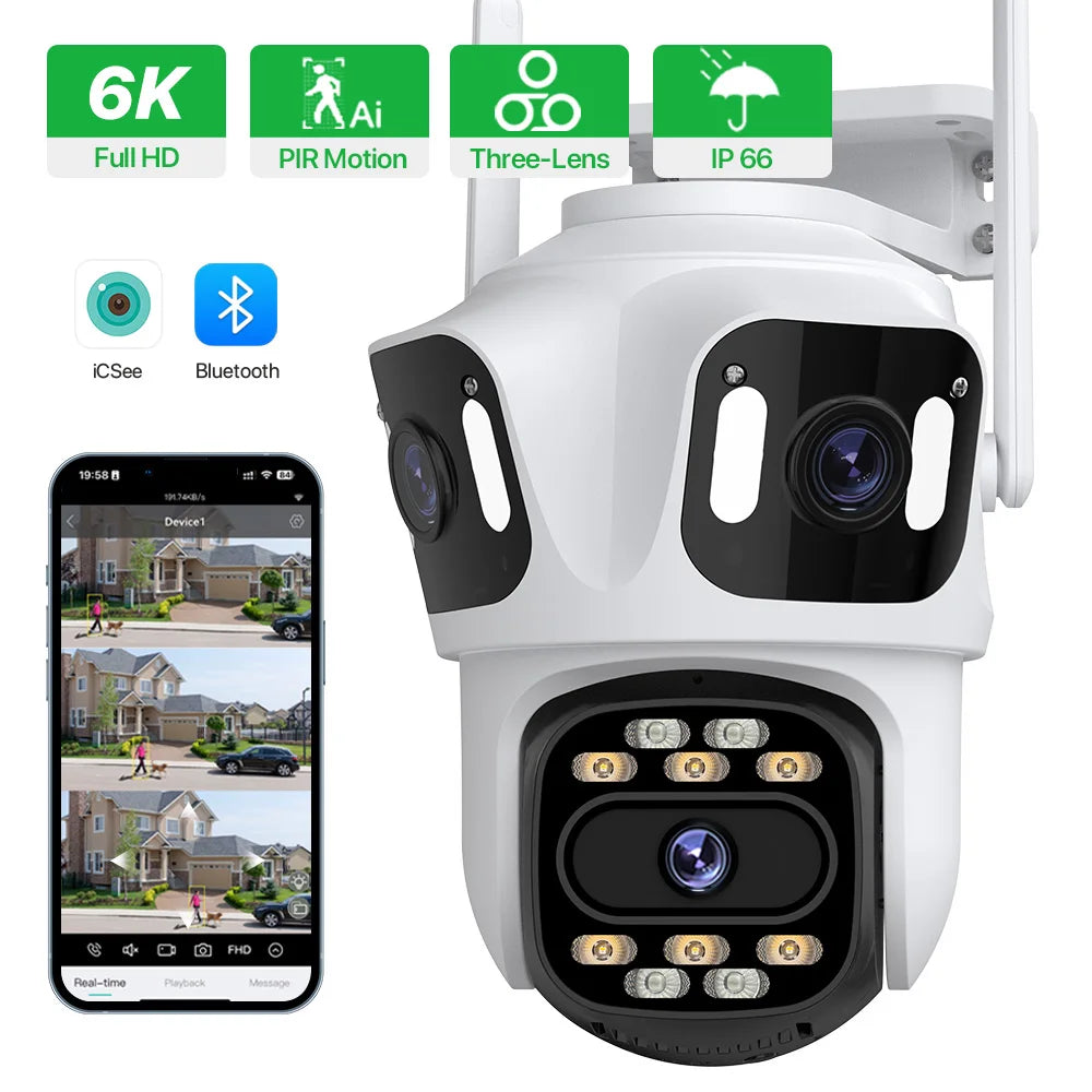 WiFi 6K HD External IP Camera, 4K Outdoor Dual Lens, Auto Tracking, PTZ Security Surveillance Camera with iCsee