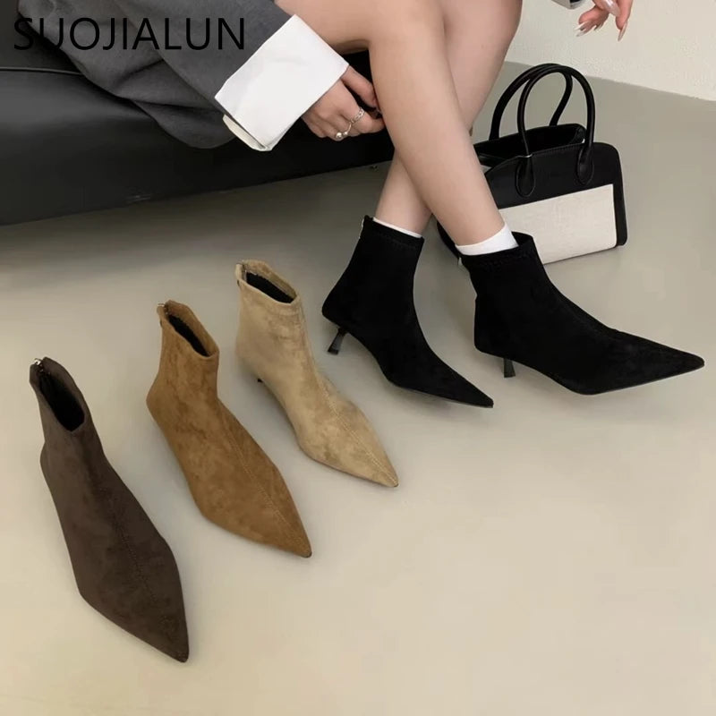 SUOJIALUN 2024 Winter New Women’s Short Boots – Fashion Pointed Toe, Elegant Ankle Boots with Thin High Heel Dress Pumps