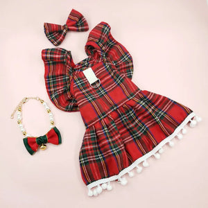 Christmas Dog Dress with Straps - Festive Autumn/Winter Skirt for Small Dogs, Cat Pet Clothing in Checker Pattern for Holiday Cosplay - CongoBasinGroup.com