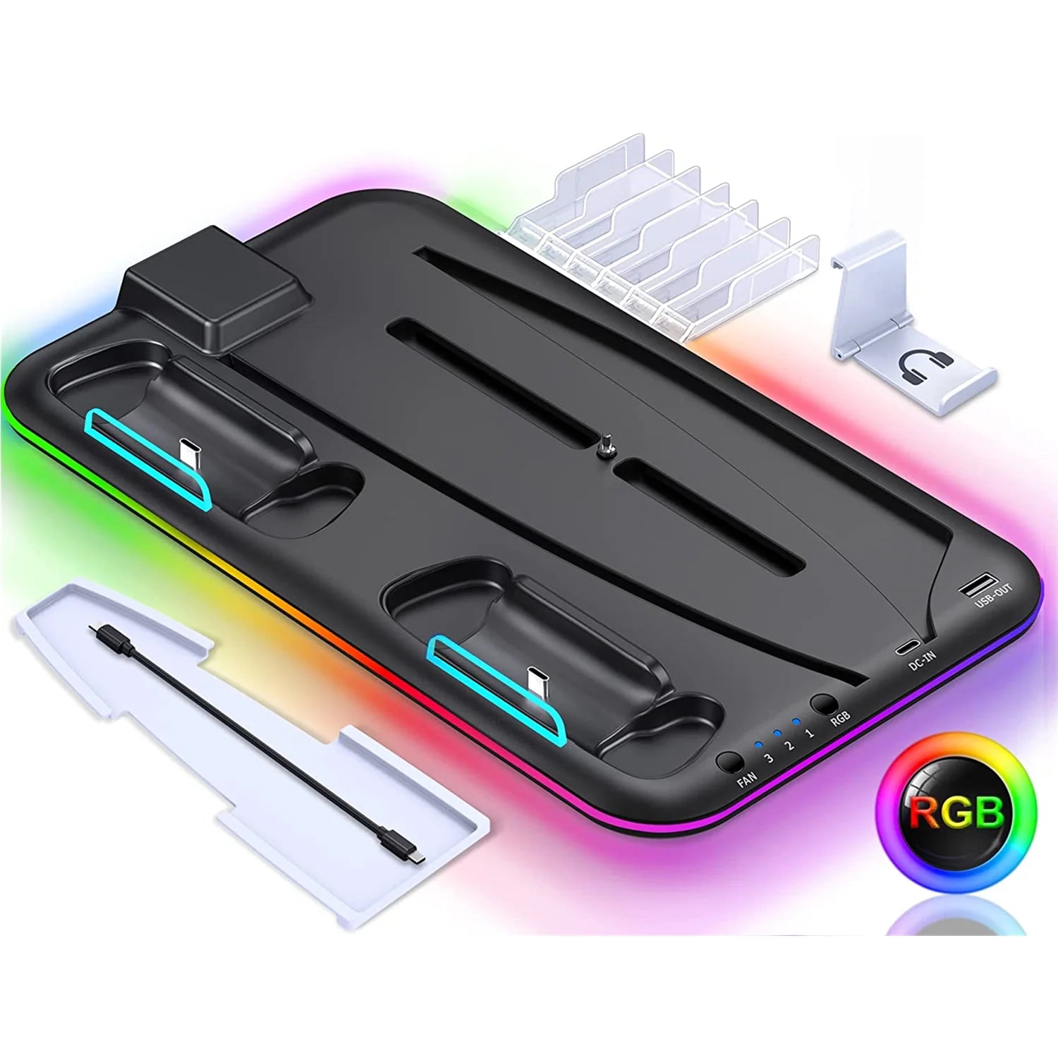 PS5 Stand and Turbo Cooling Station with Controller Charger - RGB Light & Headset Holder for Playstation 5 Digital/Disc