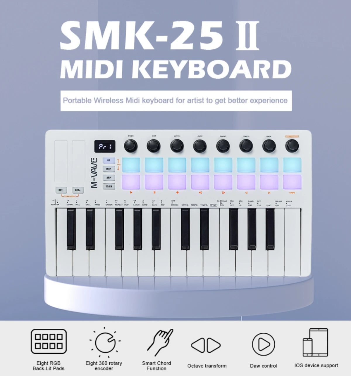 M-VAVE SMK-25 II MIDI Controller Keyboard – 25-Key USB Mini, 16 RGB Drum Pads, 8 Knobs, Music Production Software Included