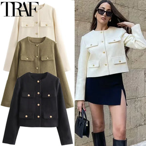 TRAF Women's Autumn Outerwear – Long Sleeve Cropped Jacket, Winter Button Demi-Season Short Coat, Elegant Women’s Coat - CongoBasinGroup.com
