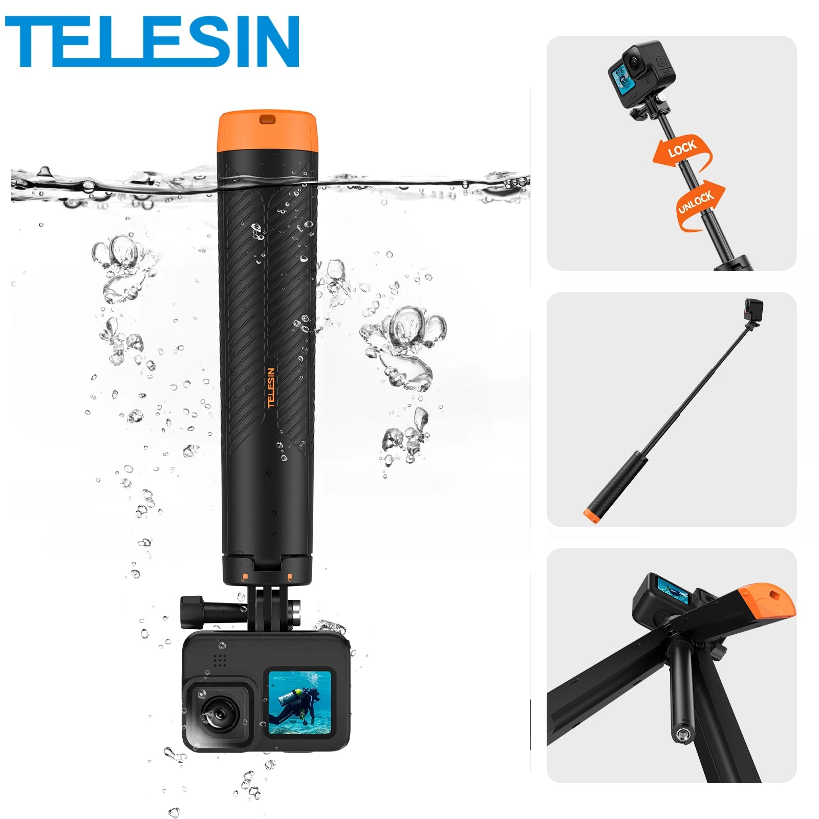 TELESIN Floating Underwater Selfie Stick Tripod – Extendable Buoyancy Pole for GoPro, Insta360, DJI Osmo Action Cameras