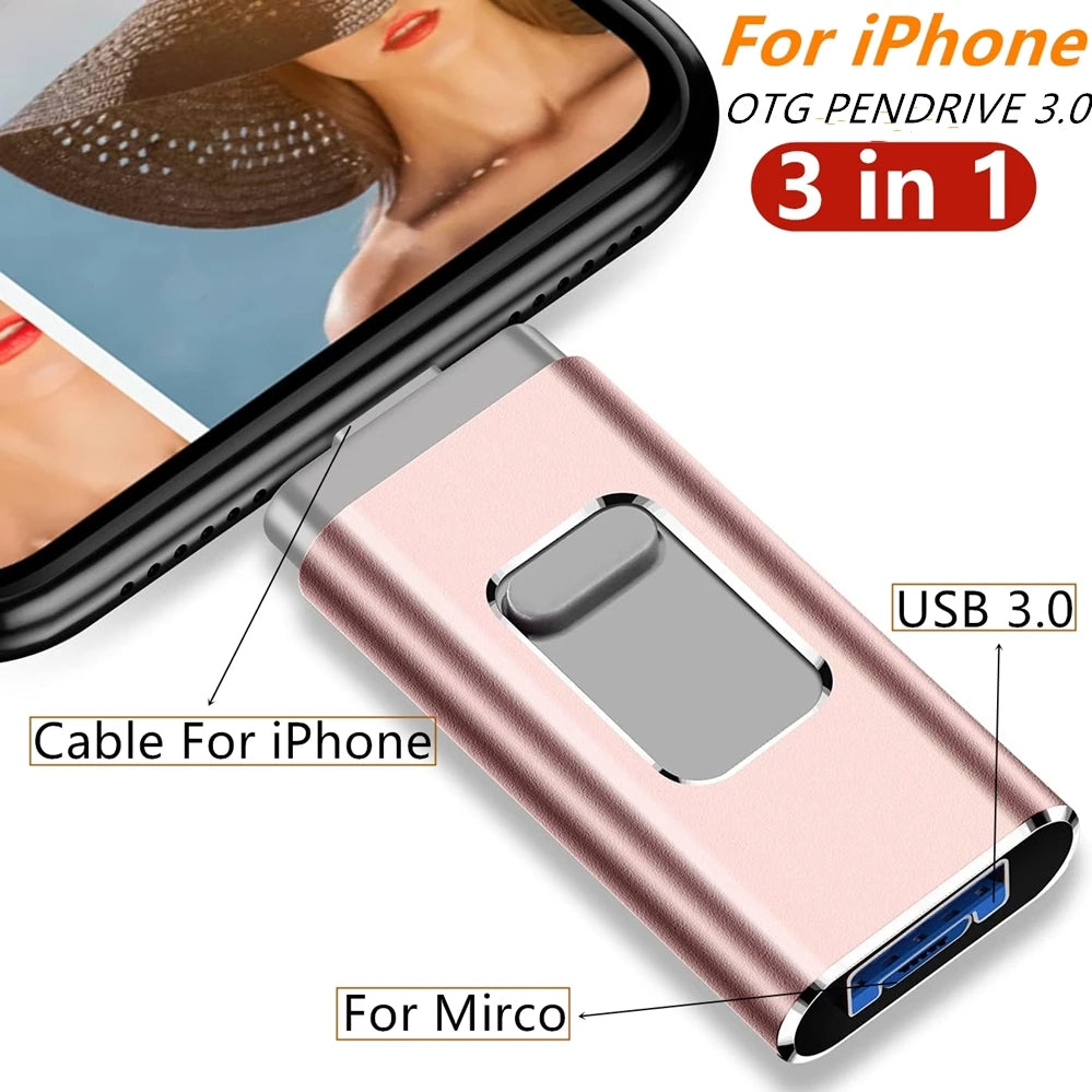 iPhone USB Flash Drive – 2TB, 1TB, 512GB, 256GB, 128GB, 64GB, 32GB, 3-in-1 Micro USB, USB 3.0 MFi Pendrive Memory Stick