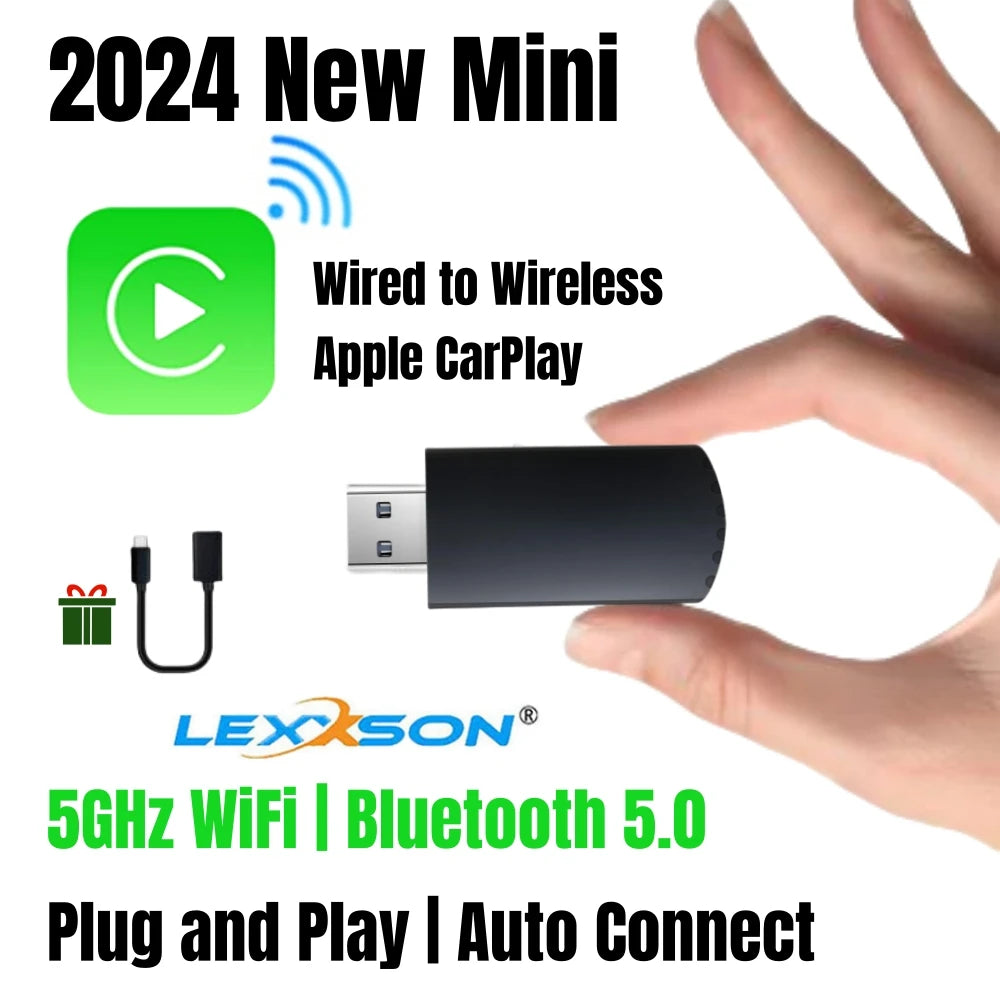 2024 Mini Apple CarPlay Wireless Adapter - Bluetooth WiFi Dongle for Fast Connect, Plug and Play for OEM Wired CarPlay