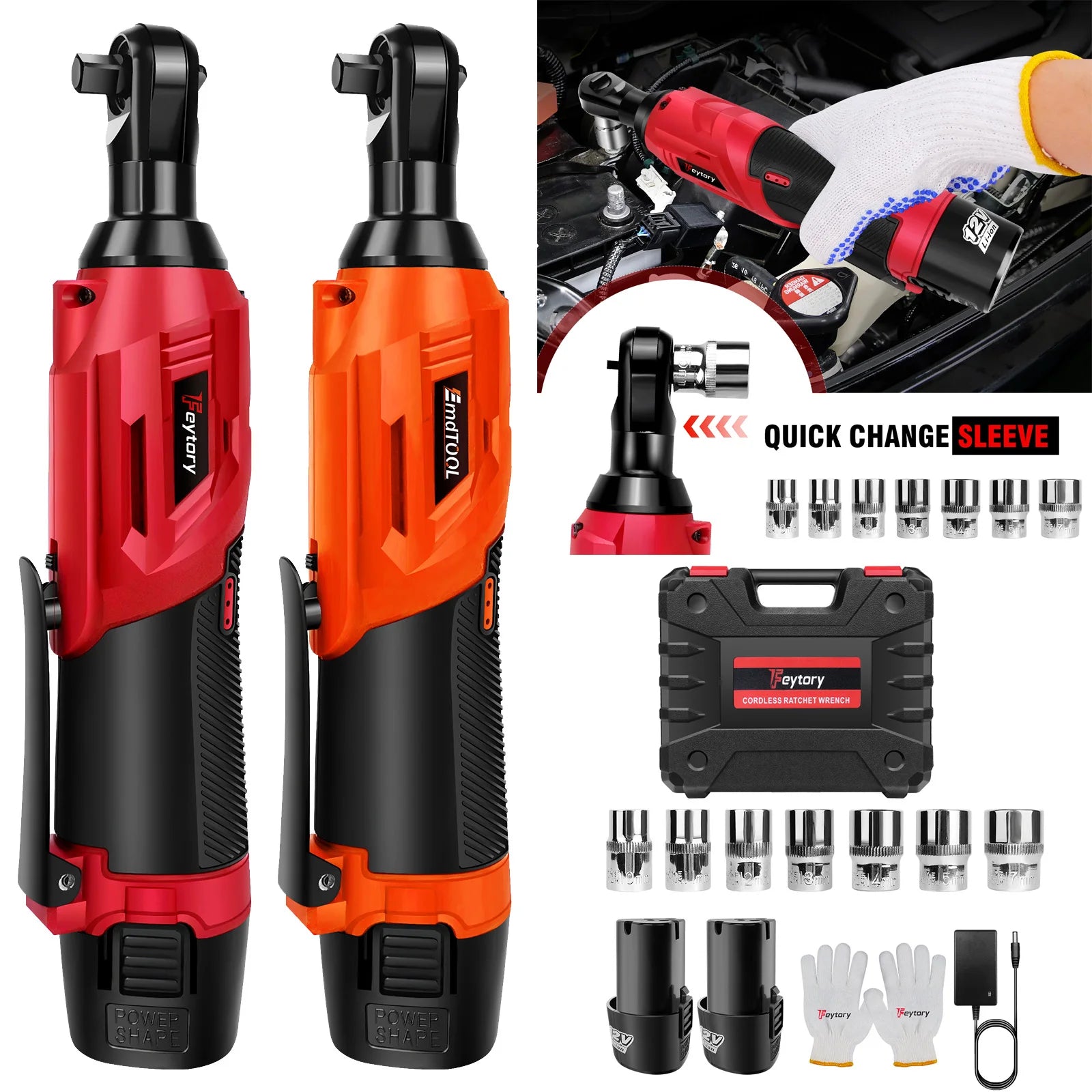 DayPlus 200NM 3/8" Cordless Electric Ratchet Wrench | 90° Angle 12V Power Tool with 2 Batteries, Charger & 7 Sockets