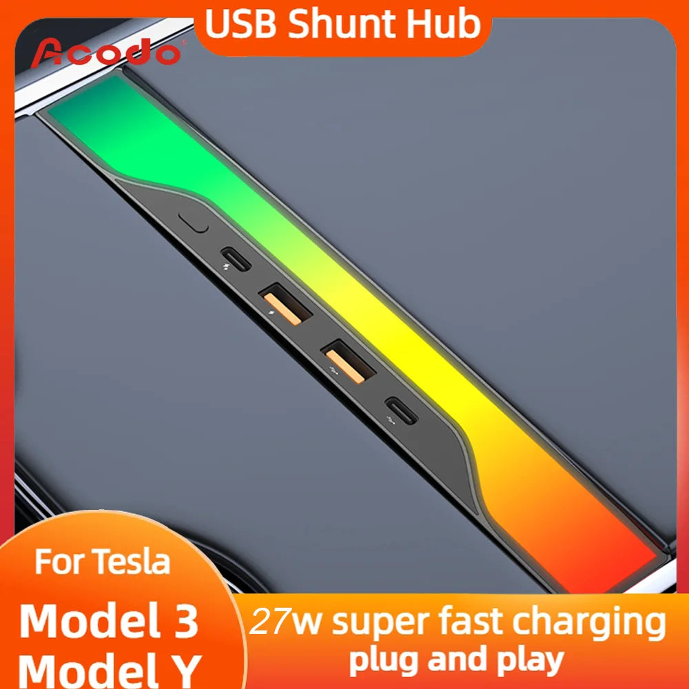Tesla Model Y 2023 USB Hub 4-Port – 27W Fast Charger Smart Docking Station Adapter & Power Splitter Extension