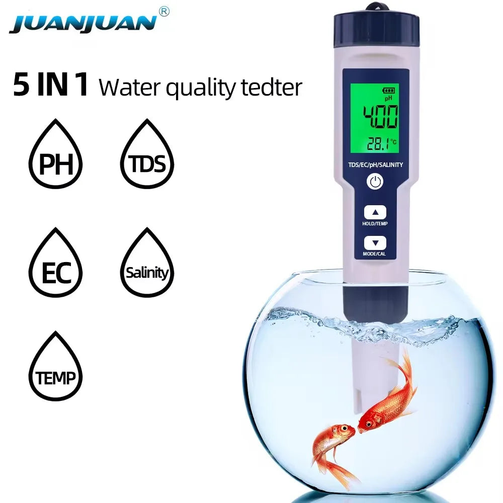 5 in 1 PH Meter Water Quality Tester - Digital TDS, EC, PH, Salinity & Temperature Meter for Pools & Aquariums with Backlight