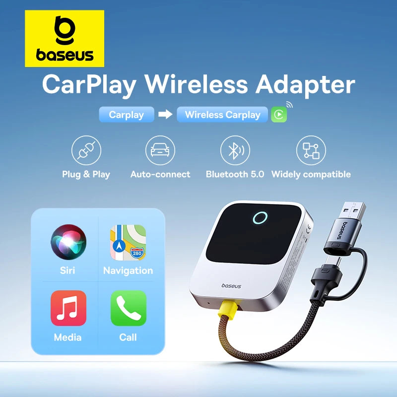 Baseus Wireless CarPlay Adapter - Wired to Wireless Auto Connect, Plug & Play Bluetooth Smart Car System