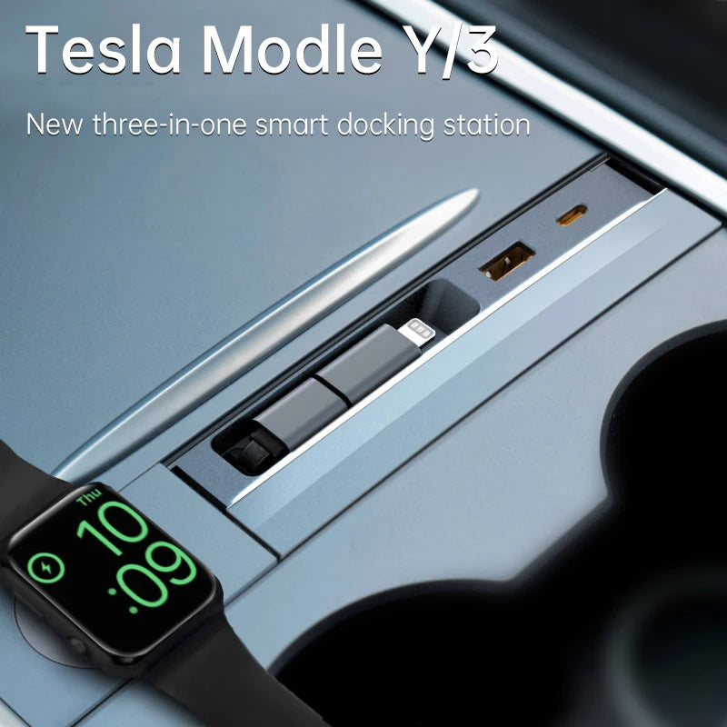 Tesla Model 3/Y USB Hub – 27W 3-in-1 Docking Station with Retractable Cable & Apple Watch Wireless Charging