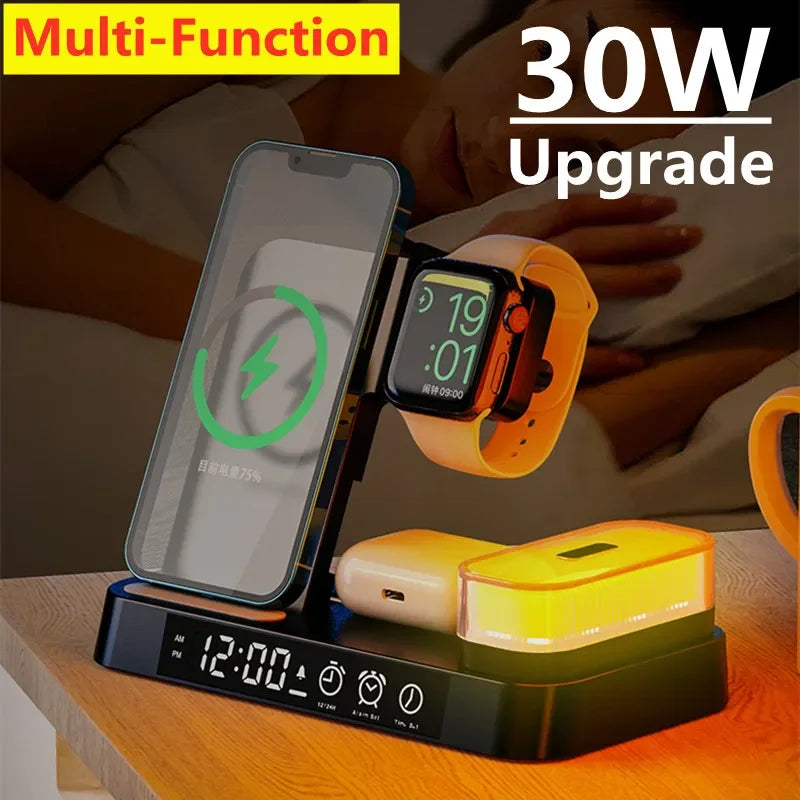30W 3 in 1 Wireless Charger Stand with Alarm Clock and Night Light - Fast Charging Pad for iPhone, Samsung Galaxy, and iWatch