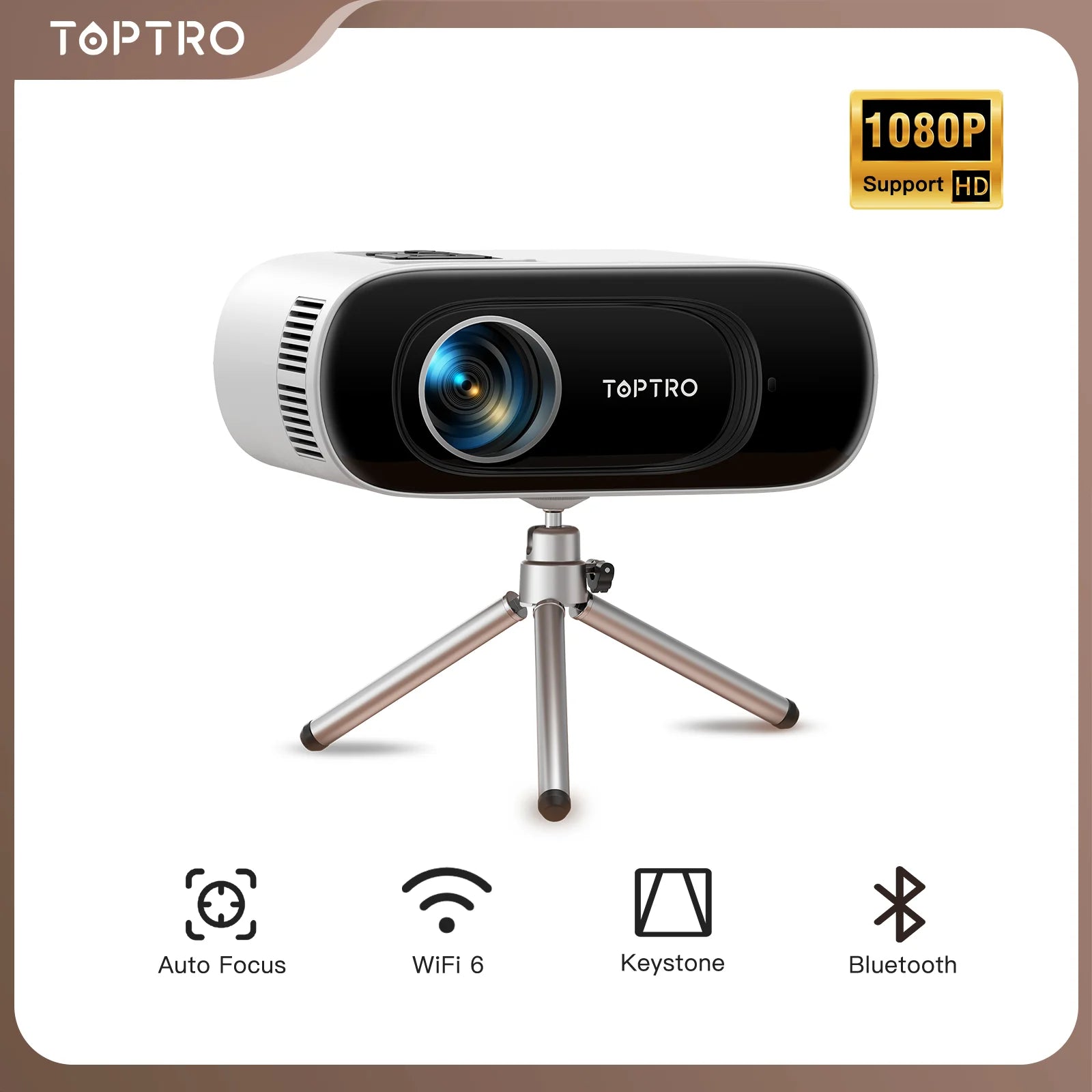 TOPTRO Mini Projector – Full HD 1080P Support, 16000 Lumens, Auto Keystone, WiFi & Bluetooth Portable Home Theater Projector
