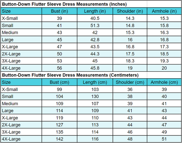 Button Down Flutter Sleeve Dress Measurements