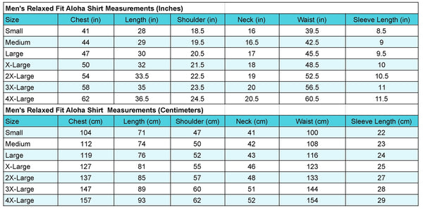 Men's Tailored Fit Aloha Shirt Measurements