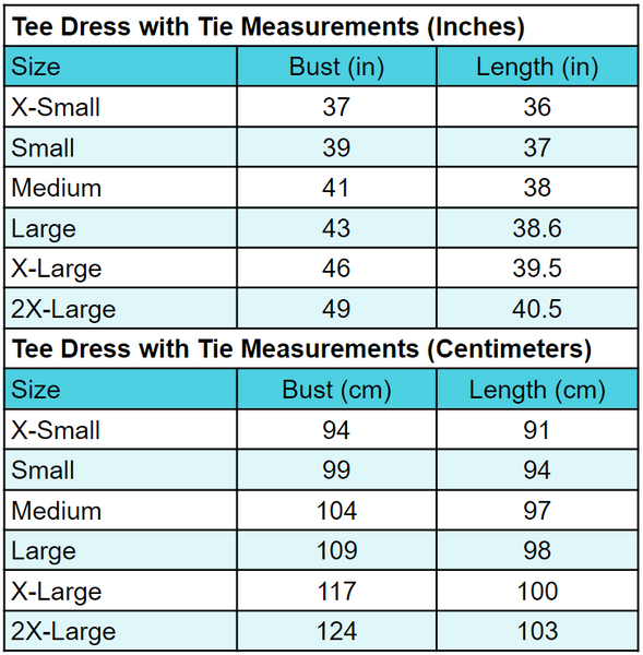 Women's Tee Dress Size Chart
