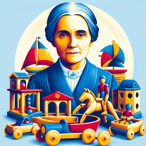 Illustration of Maria Montessori and wooden montessori toys