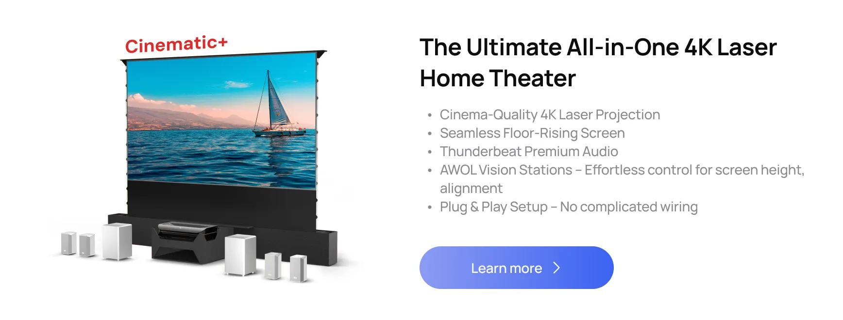 AWOL Cinematic+ home entertainment system with 4K laser projection and plug-and-play setup.