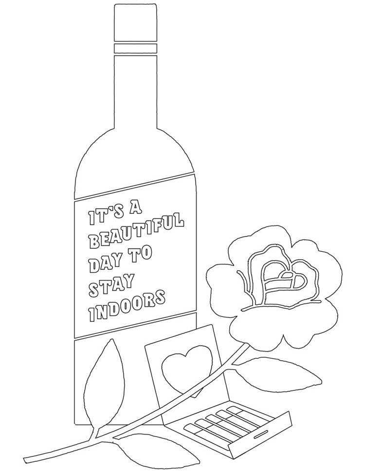 Coloring page with a wine bottle, a rose, and an open matchbook