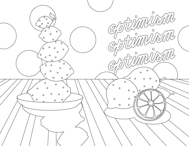 Coloring page with a bowl of lemons and the word Optimism repeated