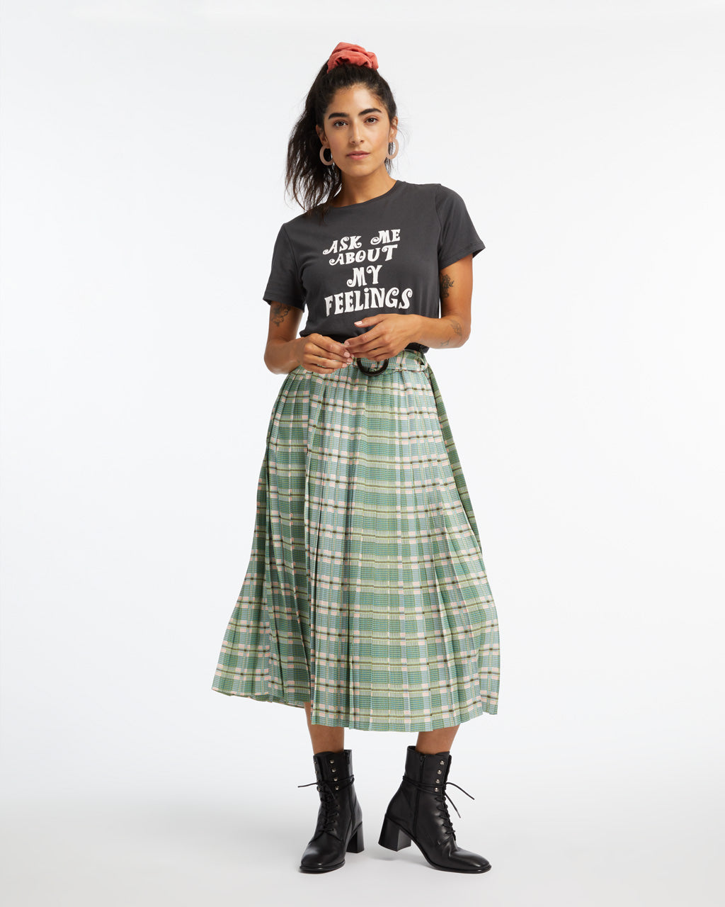 plaid skirt and boots