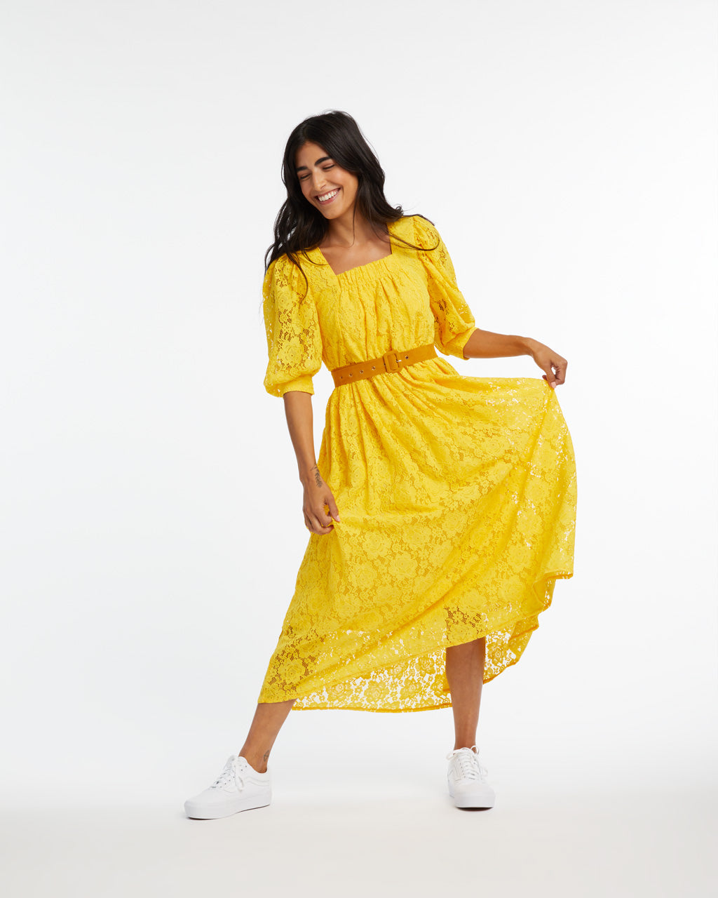 bright yellow midi dress