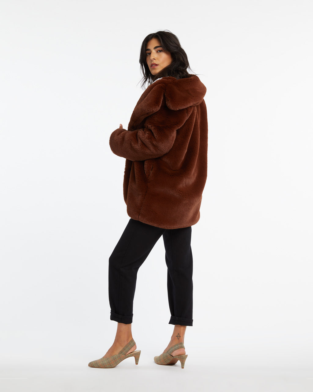 brown faux fur coat with hood