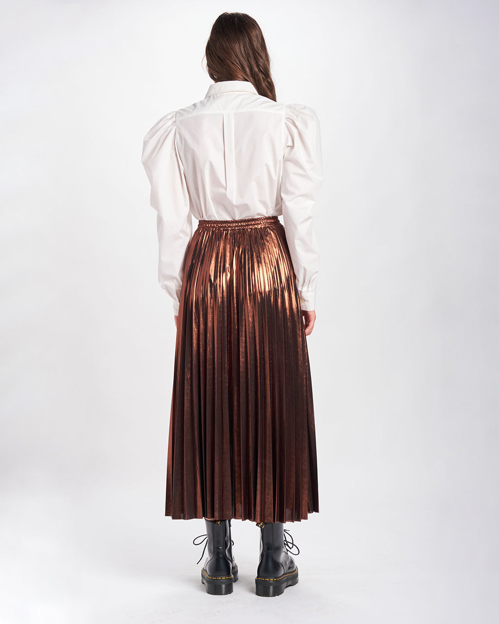 metallic pleated midi skirt