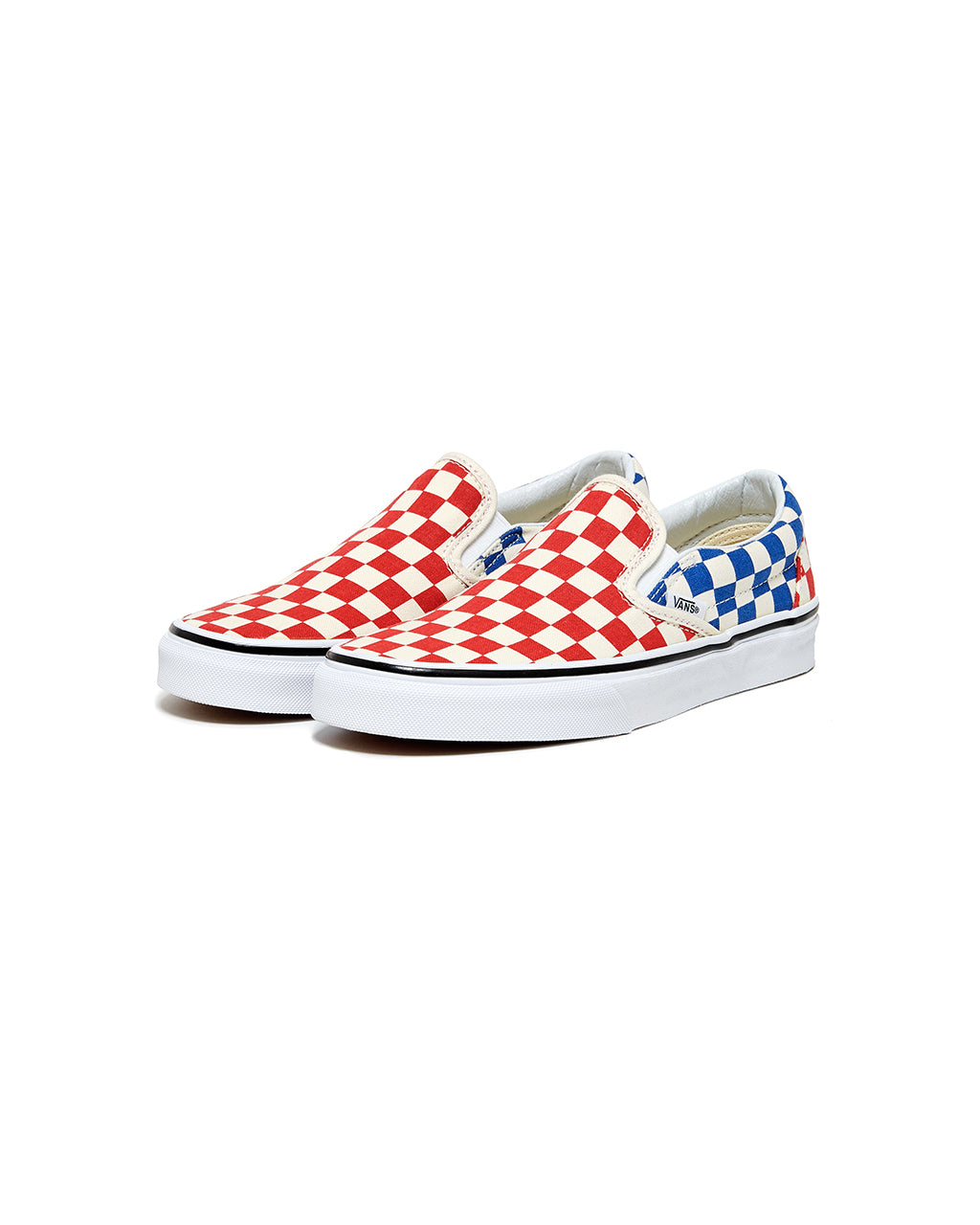 red white and blue vans slip ons