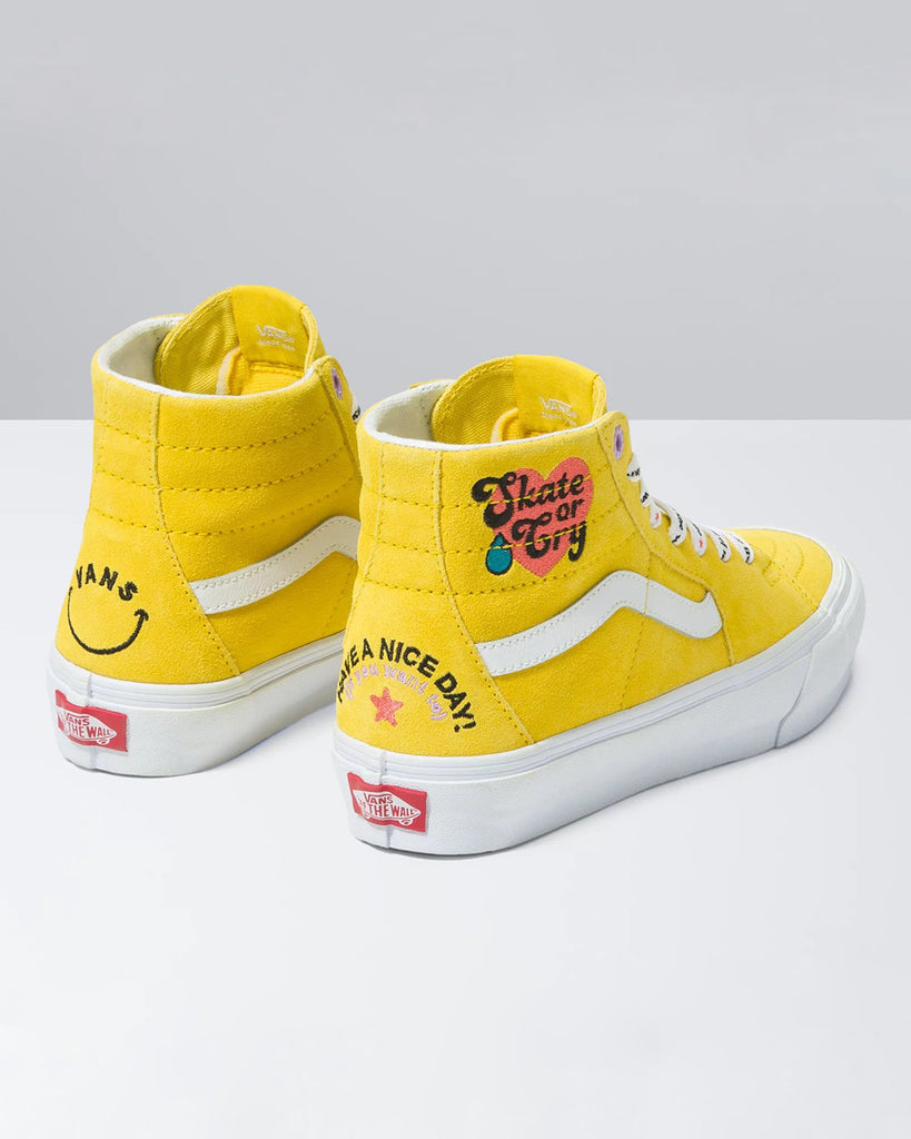 vans sk8 hi tapered show with 'skate and cry' on the side and vans logo and 'have a nice day, if you want to' on the back