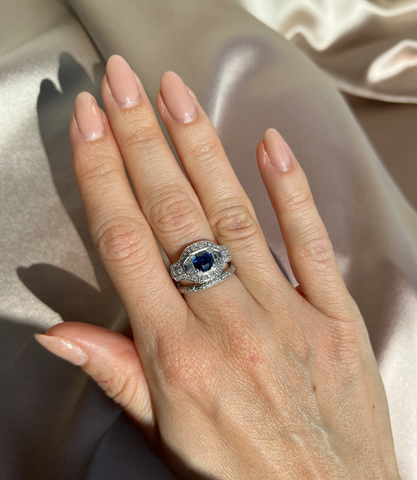 sapphire art deco ring and wedding band combo