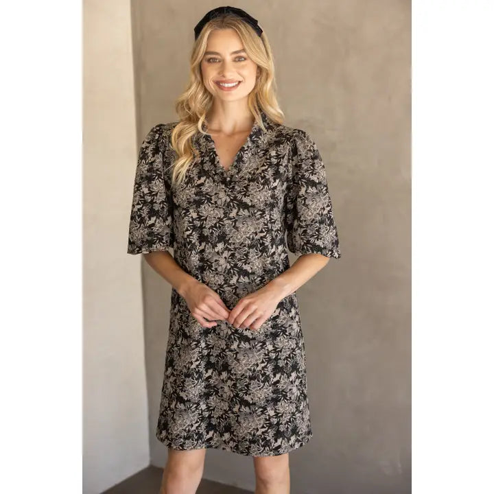 RUFFLE NECKLINE BUBBLE SLEEVE DRESS