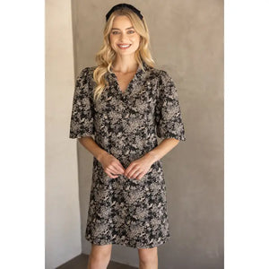 RUFFLE NECKLINE BUBBLE SLEEVE DRESS - Tru Bleu Boutique