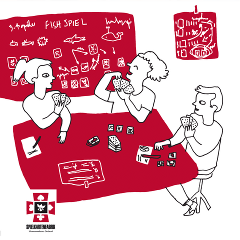 Karikatur zeigt drei Personen an einem Tisch beim Kartenspiel mit viel Freude