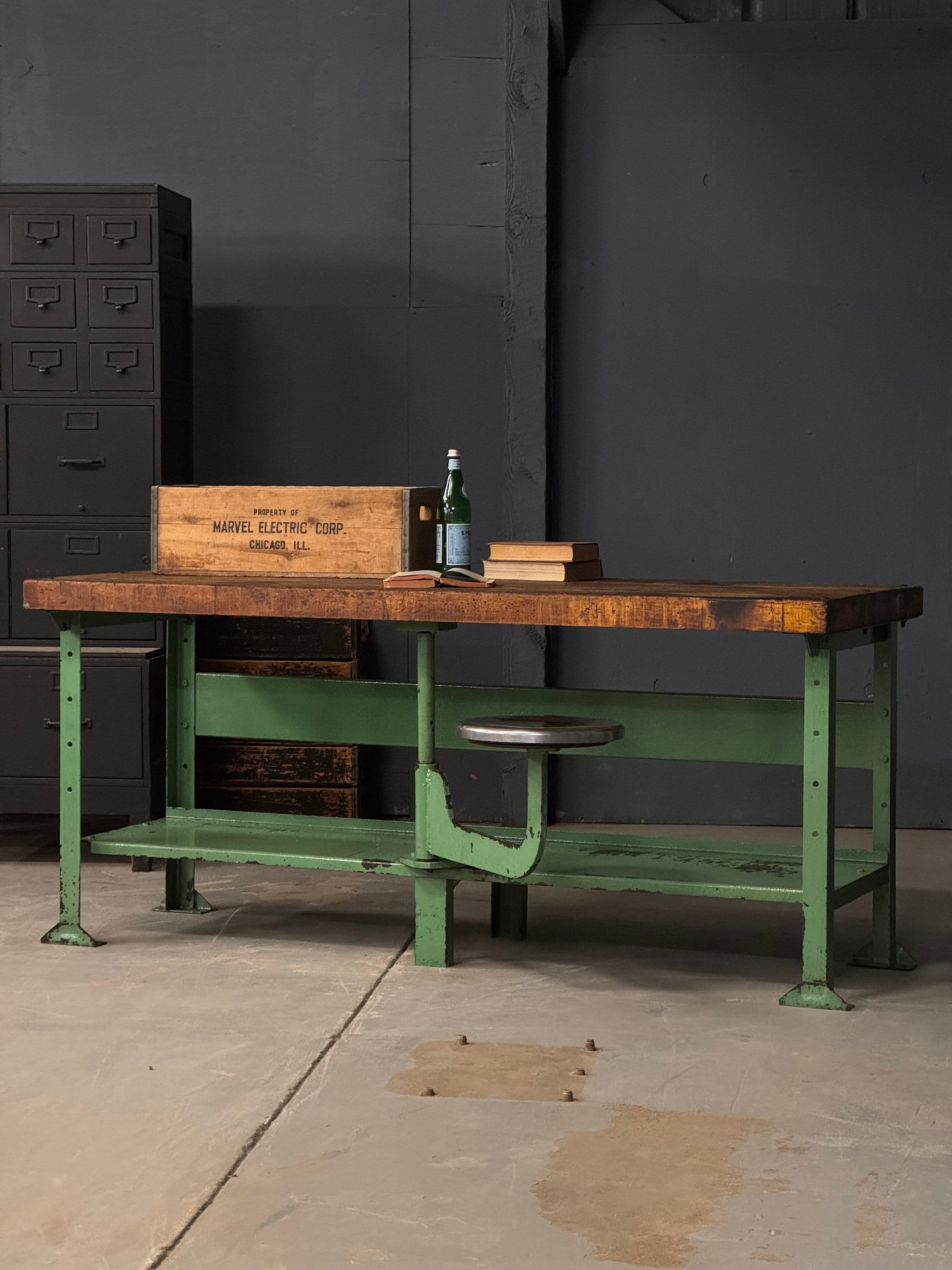 RESERVED - Large Industrial Workbench Table With Swing Arm Seat, Industrial Desk, Machinist Workbench, Butcher Block Island, Wood and Metal Desk