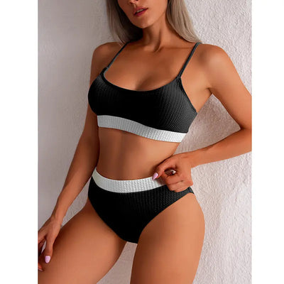 High Waisted Tummy Control Ribbed Bikini Crop Top Brazilian Swimsuit Set 2 Piece
