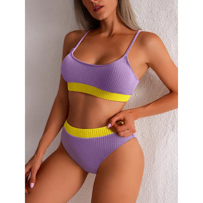 High Waisted Tummy Control Ribbed Bikini Crop Top Brazilian Swimsuit Set 2 Piece