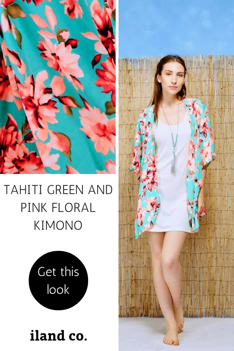 Kimono mit Blumenmuster in Tahiti-Grün und Rosa - iland co