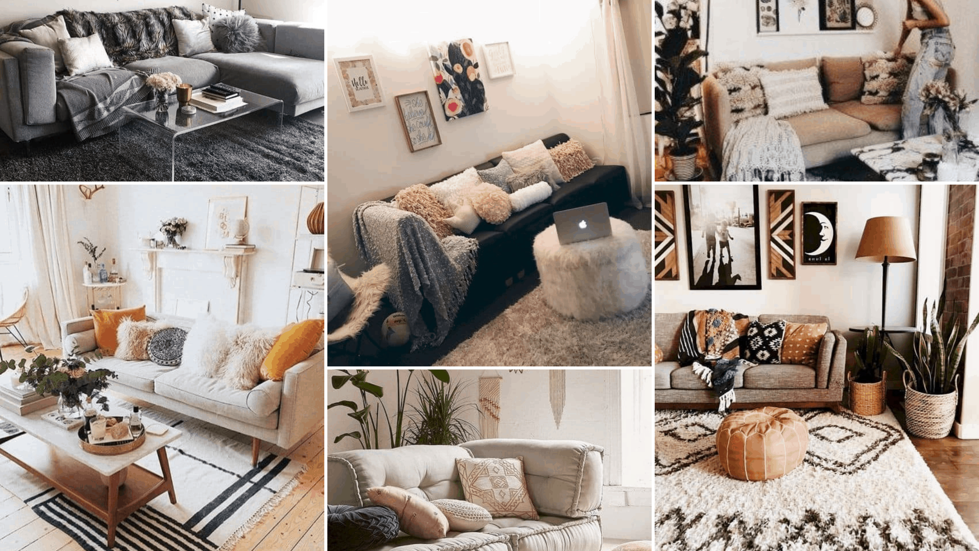 Collage showcasing minimalist living room design ideas