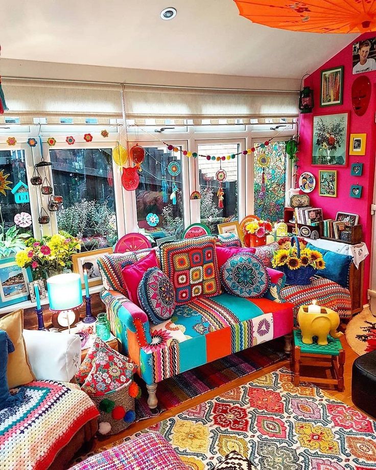 Living room with colorful boho textiles