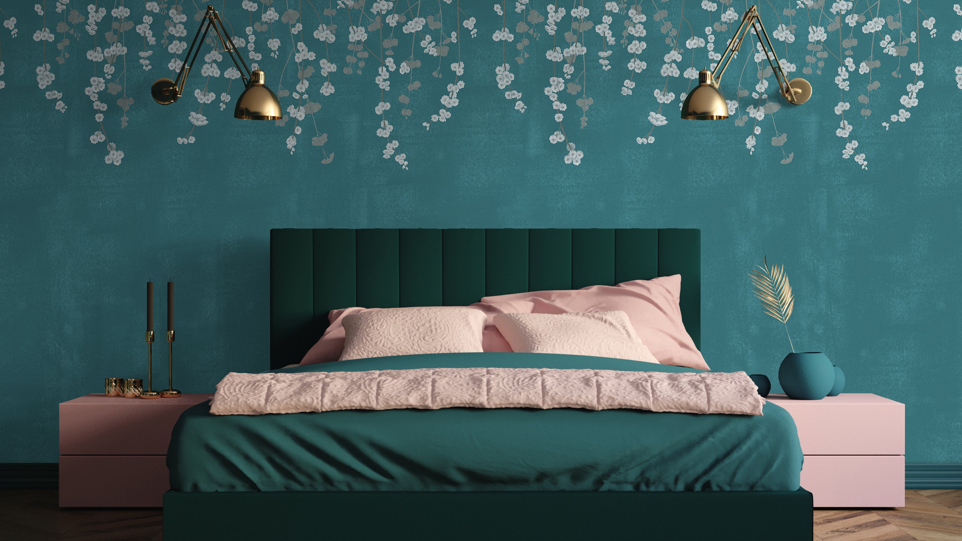 Teal and green accents in a nature-inspired bedroom