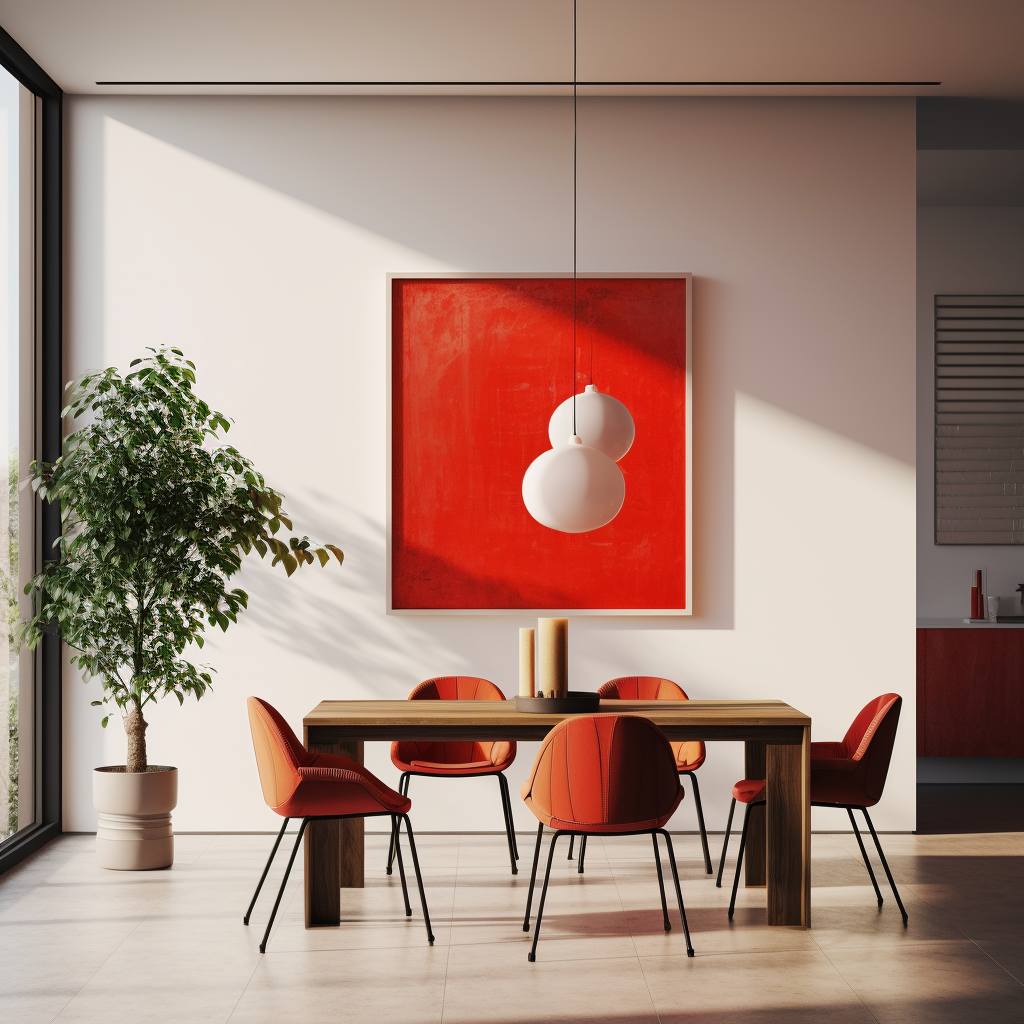 Dining room featuring a striking bright red painting on the wall.