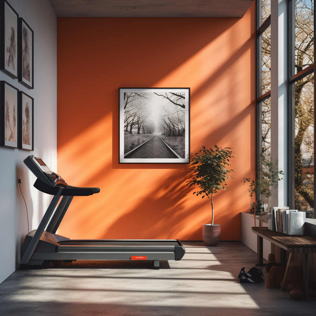 Home gym space with a treadmill positioned against an orange wall, adorned with art pieces for visual inspiration